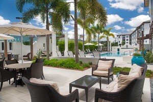 azul outdoor lounge with social seating, tables, chairs, umbrellas, palm trees and view of pool and apartment building in the background - jefferson apartment group