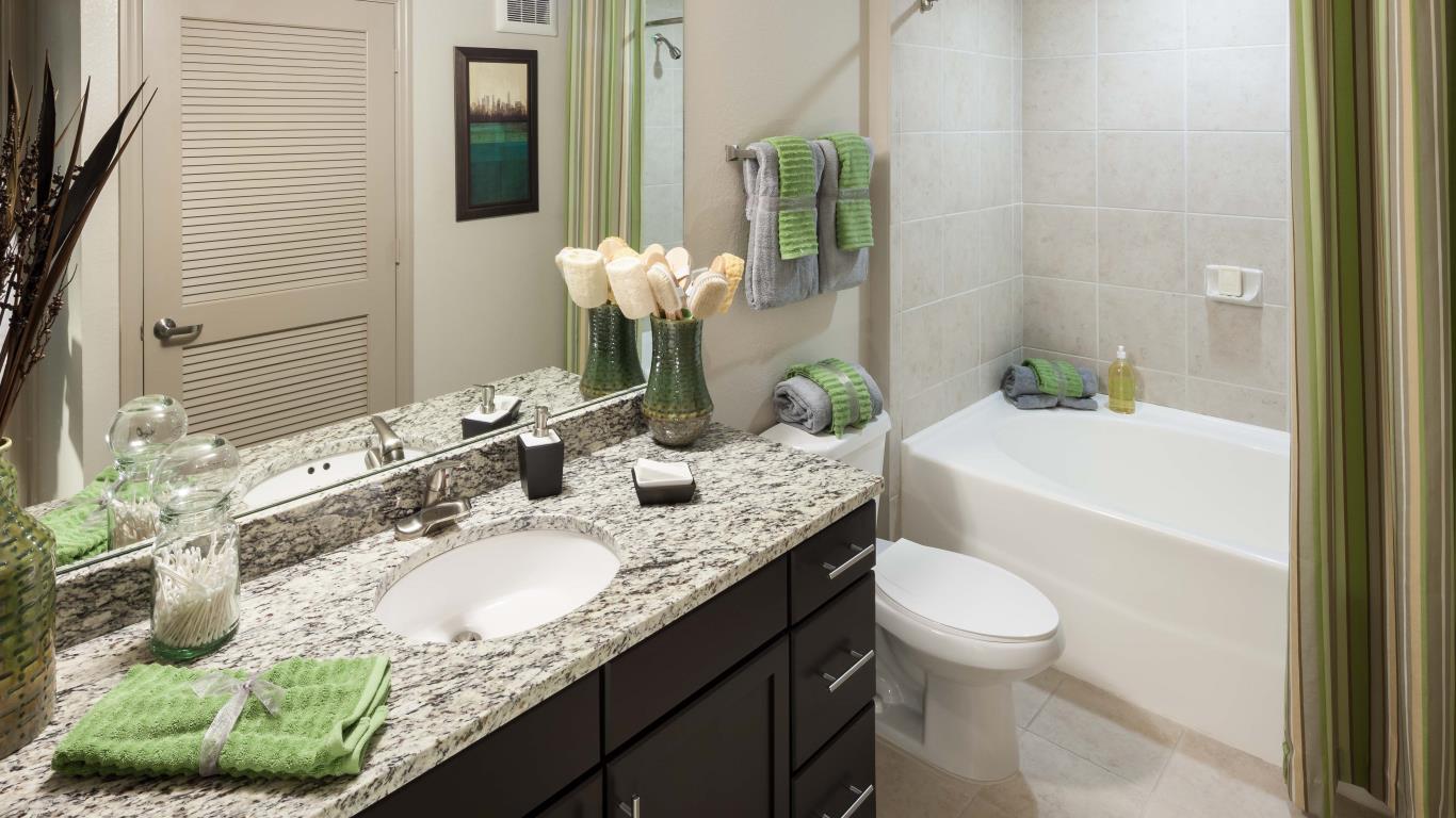 jefferson monterra granite vanity, toilet, bath tub and large mirror - jefferson apartment group