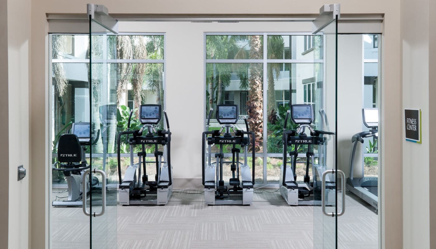 jefferson westshore fitness center with cardio machines, large windows and modern artwork - jefferson apartment group