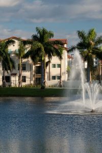 jefferson palm beach exterior with palm trees, pond and large fountain - jefferson apartment group