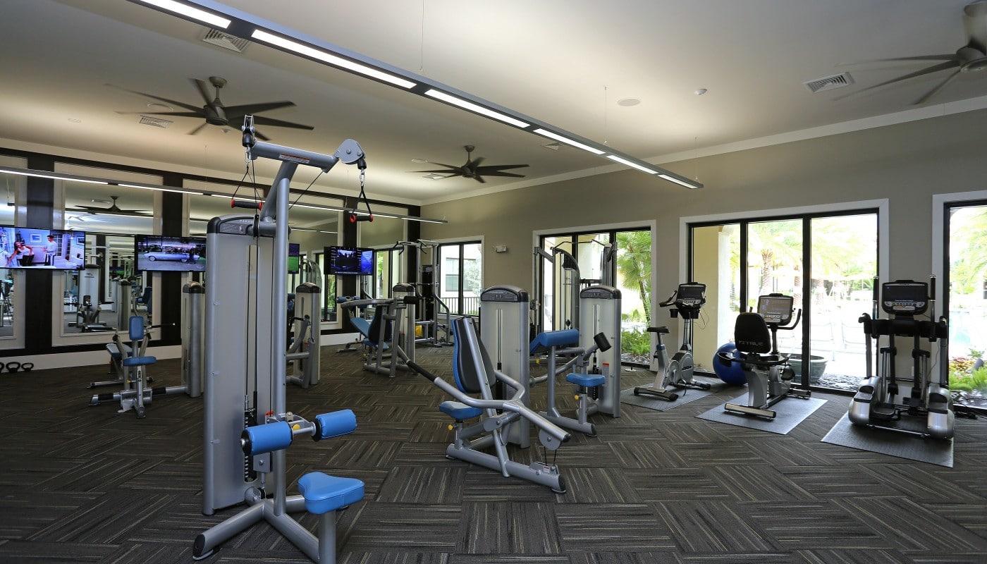 jefferson palm beach fitness center with cardio machines, strength training equipment, ceiling fans and flat screen tvs - jefferson apartment group