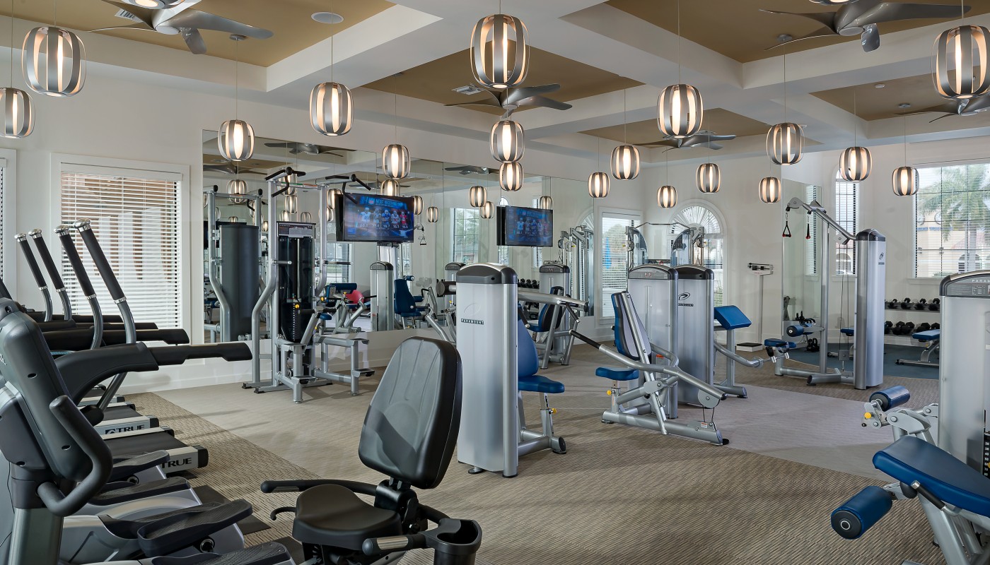 lighthouse point fitness center with flat screen tv, cardio machines, strength training equipment, free weights, modern lighting and windows - jefferson apartment group