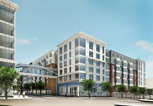 rendering of exterior of j malden center and commercial development - jefferson apartment group