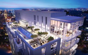 j sol rendering of exterior rooftop pool, chaise lounge chairs, and view of the resident lounge - jefferson apartment group
