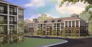 rendering of j creekside exterior with cars and people walking on sidewalk nearby - jefferson apartment group