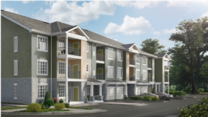 jefferson mount laurel exterior showing three story apartment building with balconies and private garages - jefferson apartment group