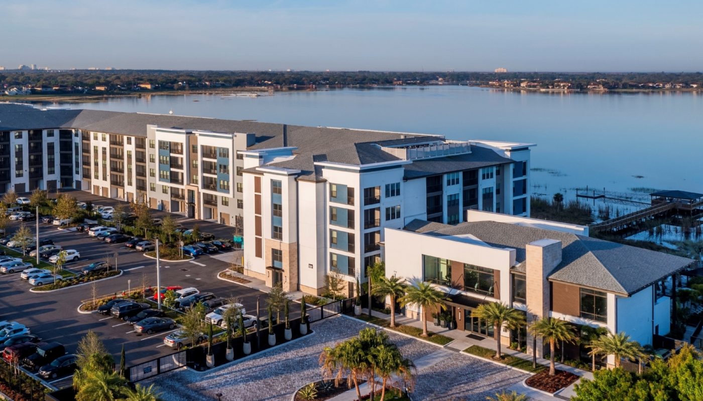 aerial exterior of building and lake view -orlando fl apartments