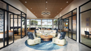 rendering of resident lounge with social seating, cocktail tables and views of other rooms with social seating conference tables and large windows at jefferson sand lake