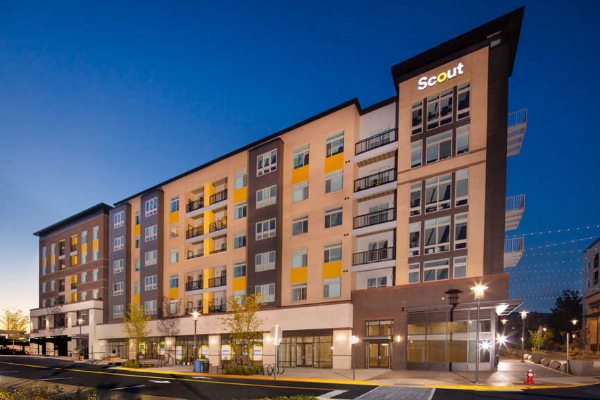 exterior of scout on the circle 6 story luxury apartment building with retail on the ground floor in fairfax va