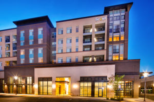 exterior of scout on the circle, a 4 story mutlituse building with 3 stories of apartments and 1 story of retail in fairfax va