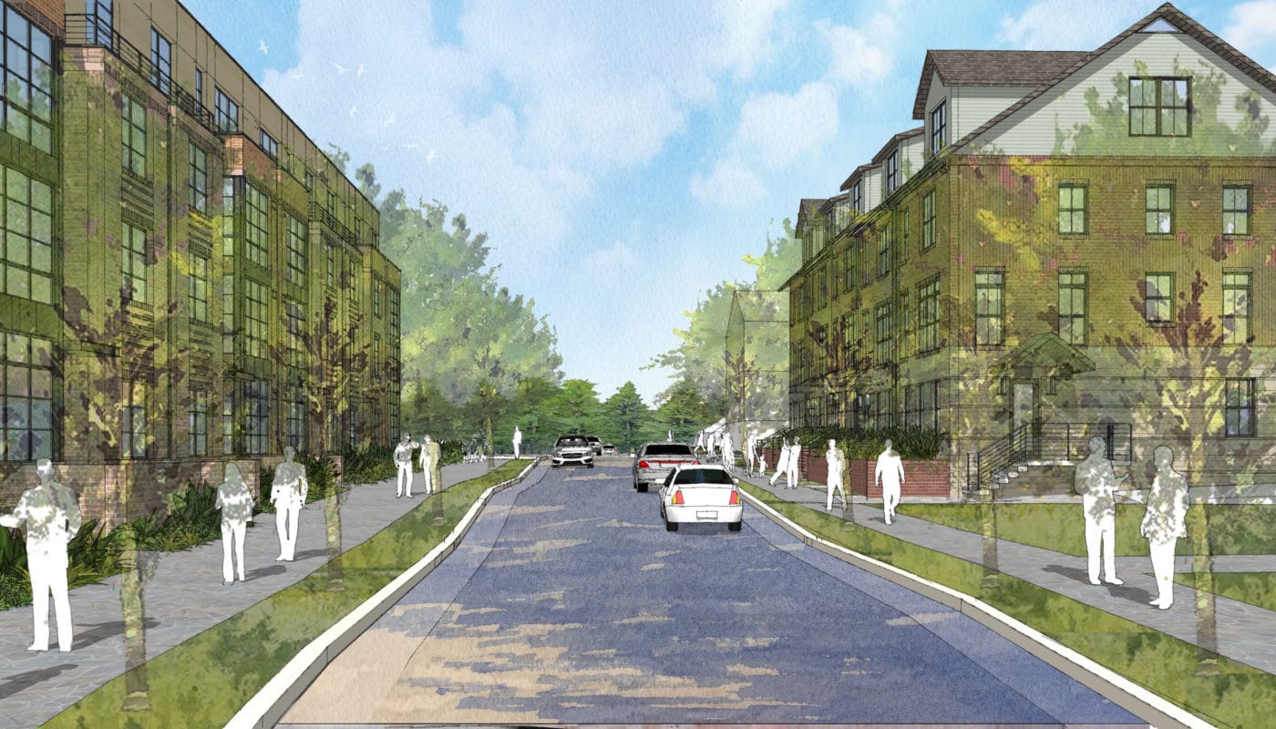 residential street with apartment building and townhomes - jag jefferson apartment group