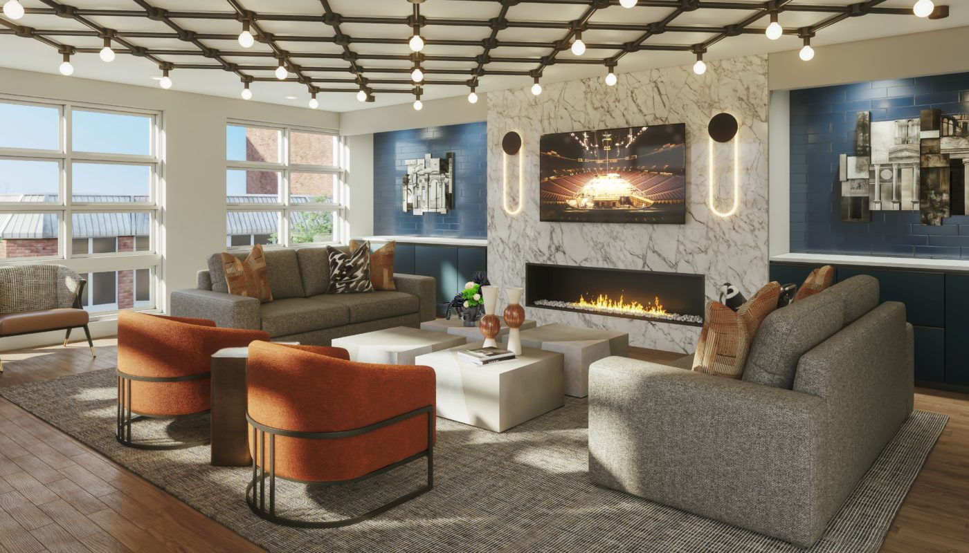 rendering of clubroom with fireplace JAG Management Company