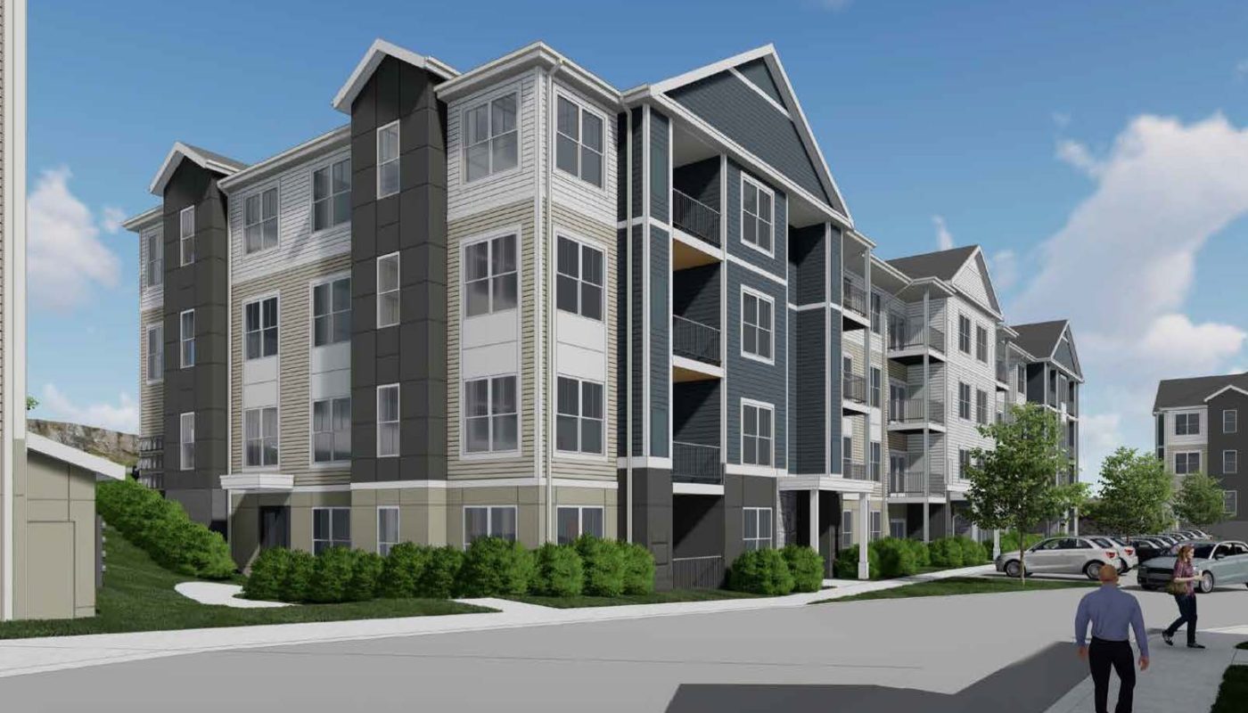 4 story apartment building exterior rendering Clubhouse - J Woburn Heights