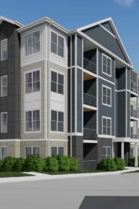4 story apartment building exterior rendering Clubhouse - J Woburn Heights