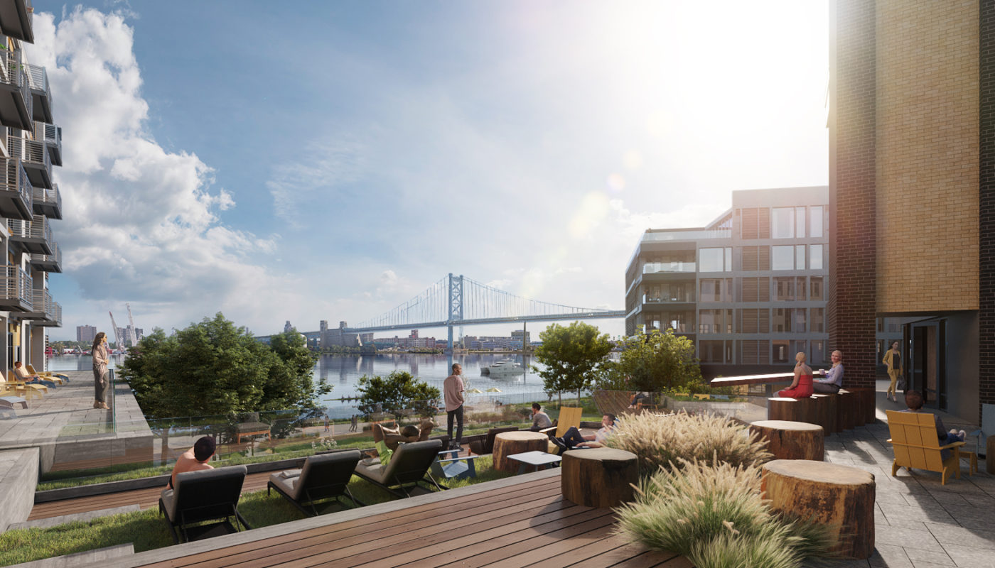 outdoor lounge along waterfront with bridge