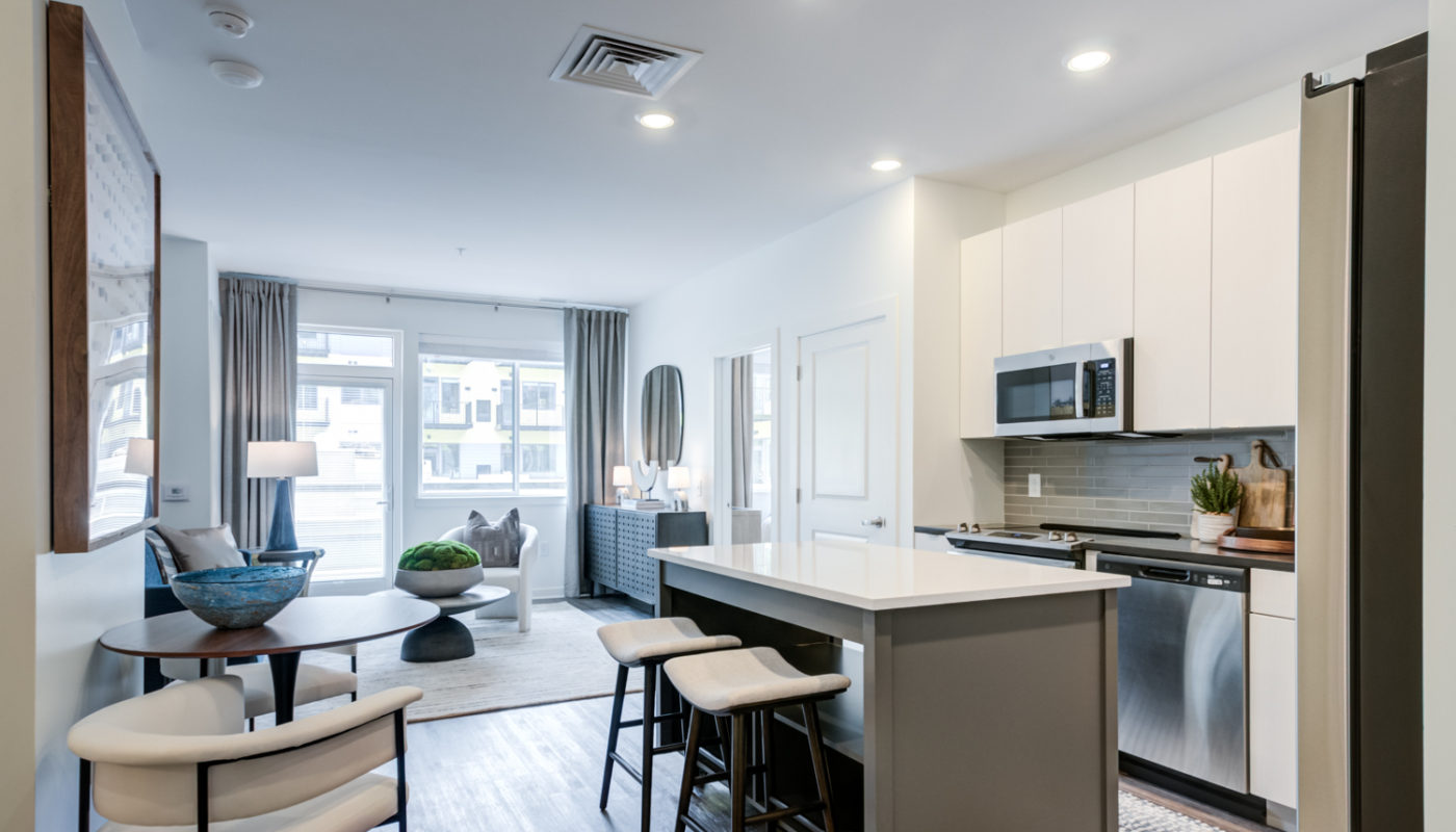 kitchen island and appliances Rivermark Northern Liberties luxury apartments Philadelphia PA