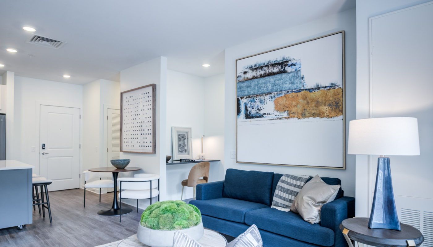 living room couch and table Rivermark Northern Liberties luxury apartments Philadelphia PA