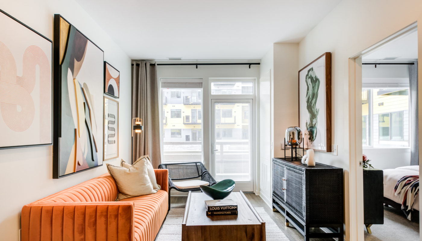 living room couch table and dresser Rivermark Northern Liberties luxury apartments Philadelphia PA