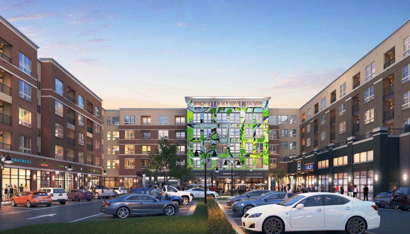building exterior apartments, retail, parking and mural - Alexandria VA