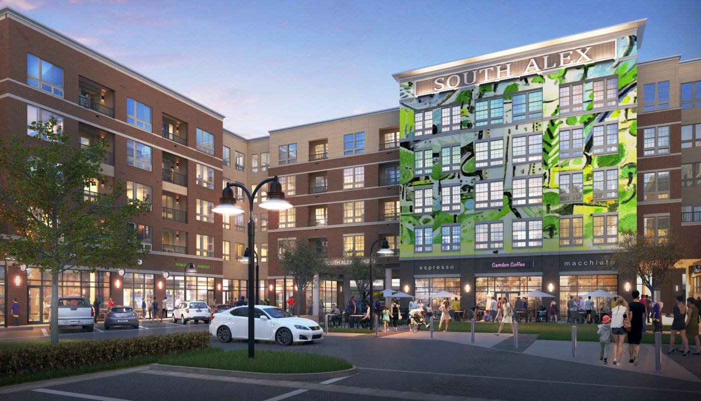 building exterior apartments, retail, parking, mural - Alexandria VA