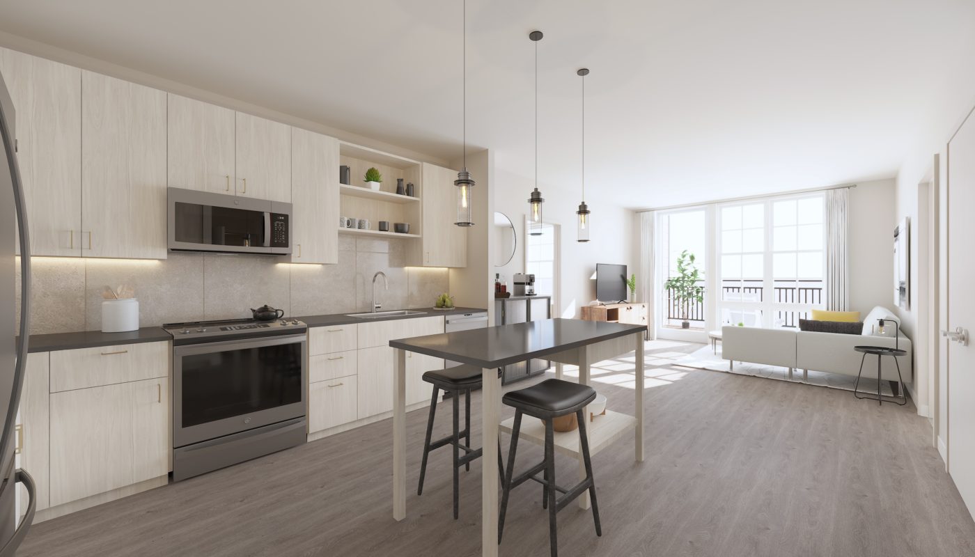 apartment rendering of kitchen and living area EDE - JAG Management Company